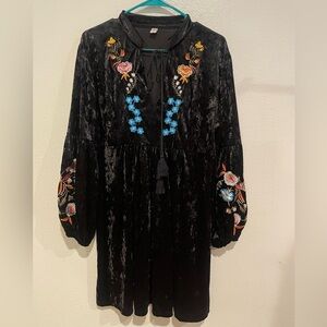 Embroidered Black Velvet Dress